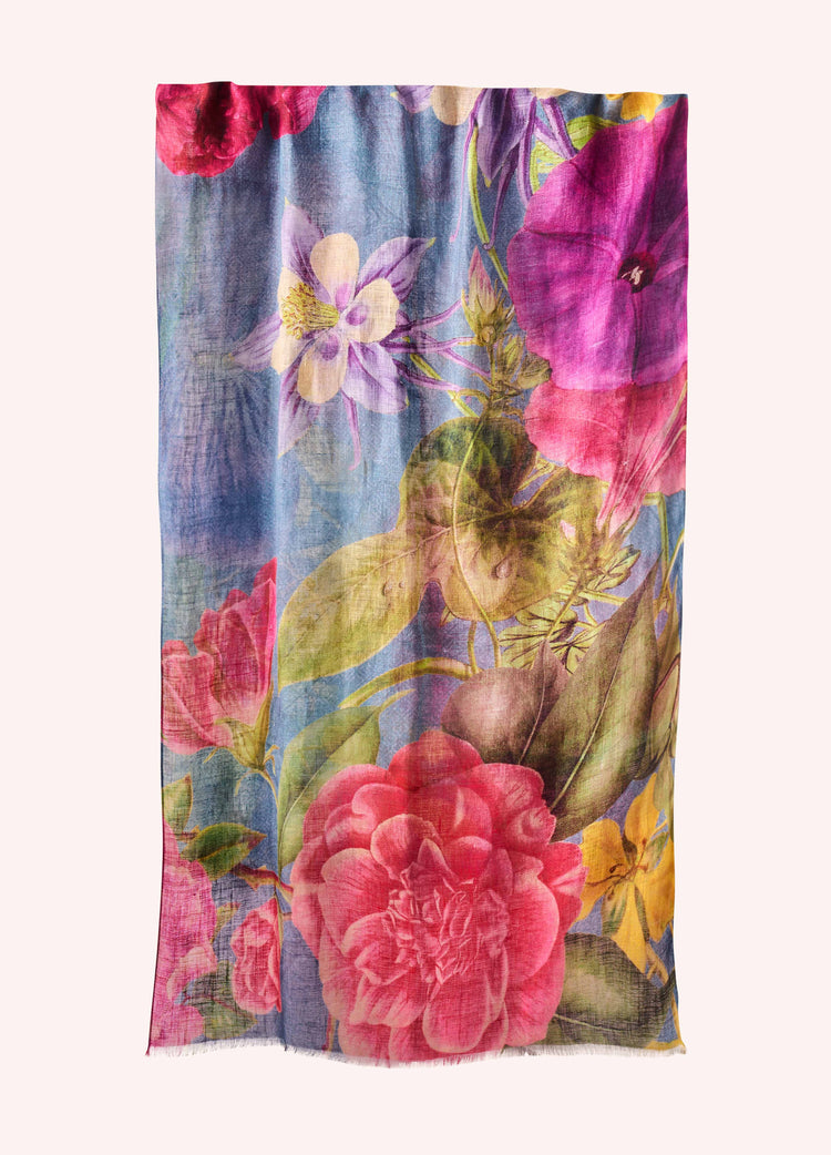 Powder Floral Study Scarf in cotton and linen Denim