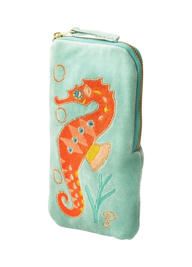 Powder Velvet Embroidered Spectacle Pouch with Sparkling Seahorse