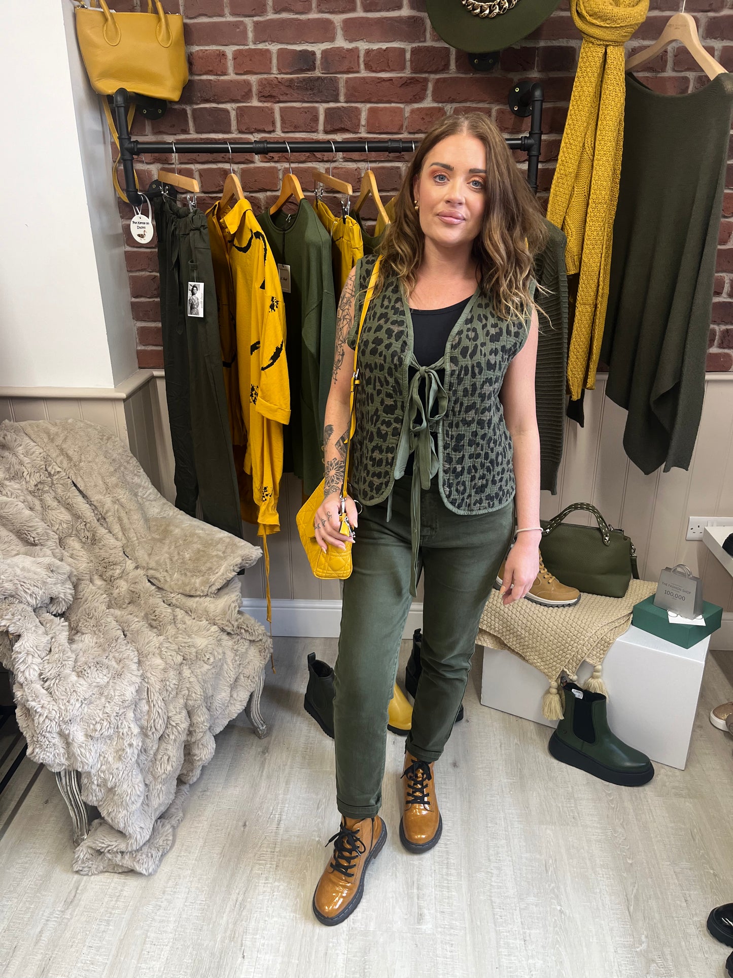Khaki leopard print tie front waistcoat 8-12