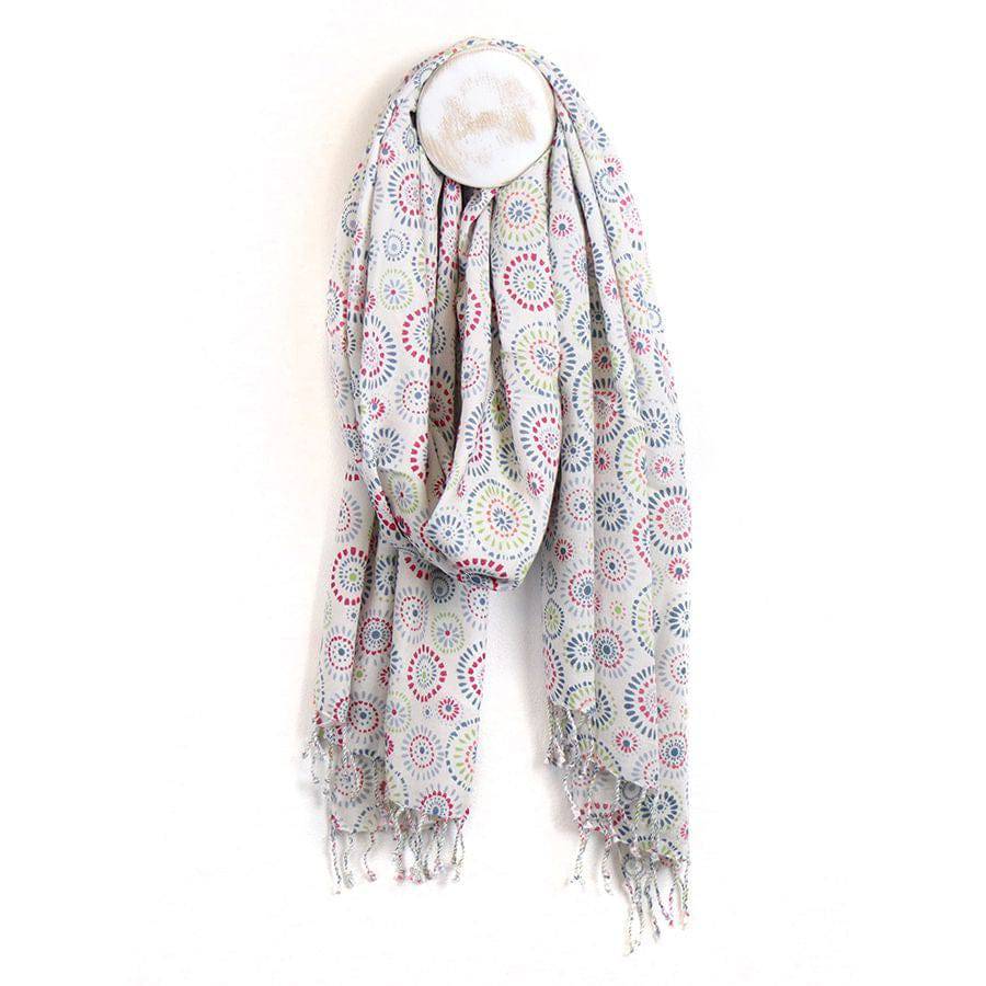 Pom Multi Dotted Circles Print on Soft Modal Scarf with Twist Tassel