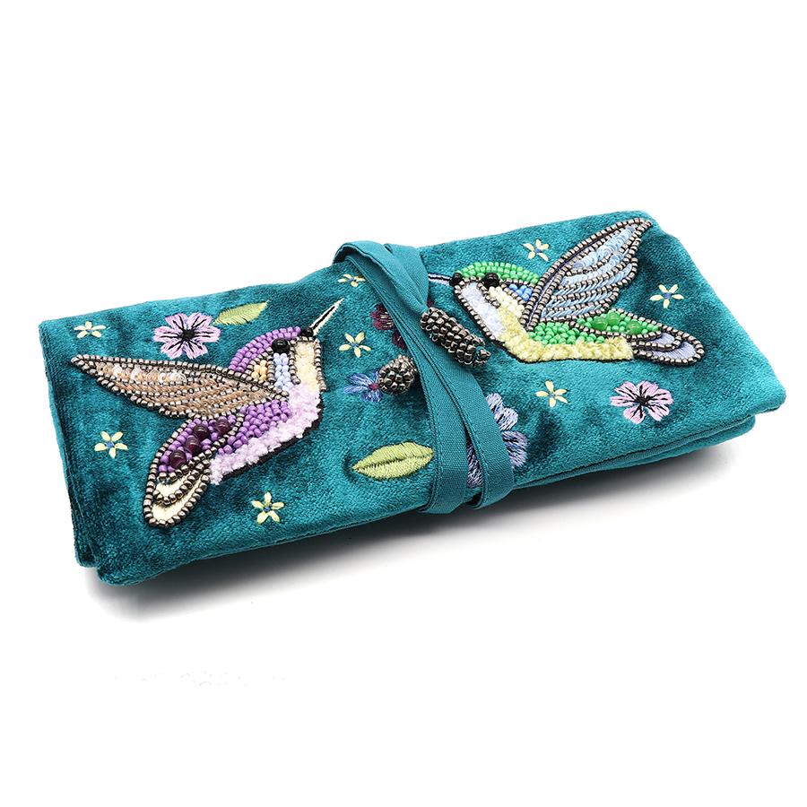 Pom Teal Velvet Jewellery Roll With Hummingbird Embroidery