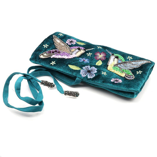 Pom Teal Velvet Jewellery Roll With Hummingbird Embroidery