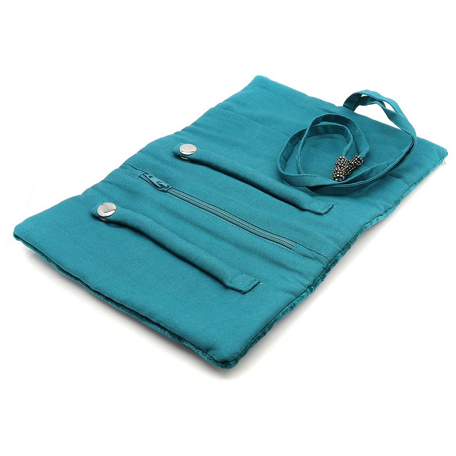 Pom Teal Velvet Jewellery Roll With Hummingbird Embroidery
