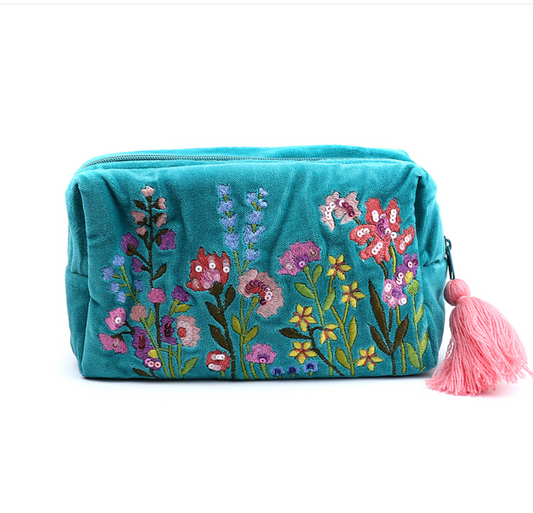 Pom Turquoise Mix Velvet Washbag with Summer Meadow Embroidery Cosmetic Bag
