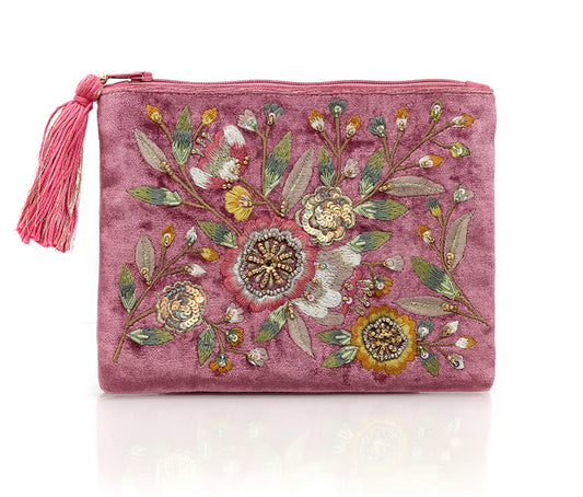 Pom Blush Pink Mix Velvet Zip Pouch with Vintage Style Embroidery Cosmetic Bag