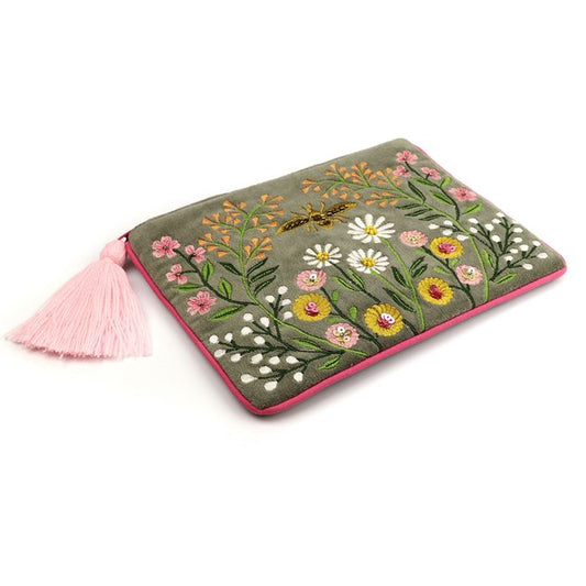 Pom Sage Green and Pink Mix Velvet Pouch with Meadow Embroidery Cosmetic Bag