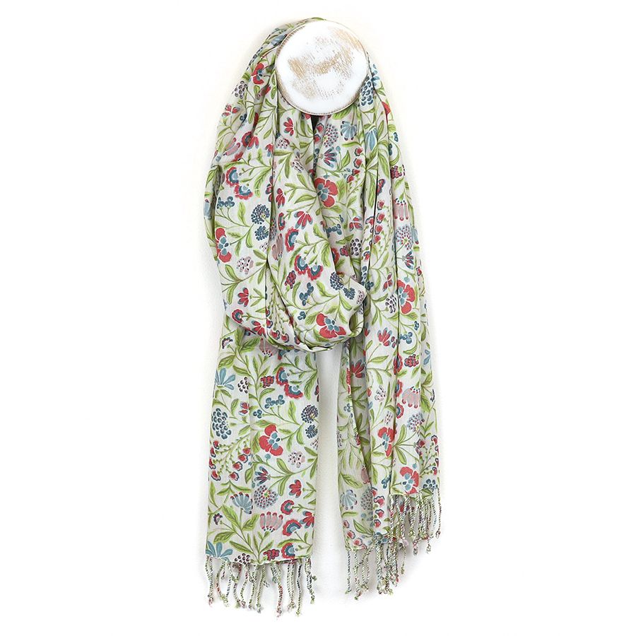 Pom White Multi Wild Flower Meadow Print Scarf
