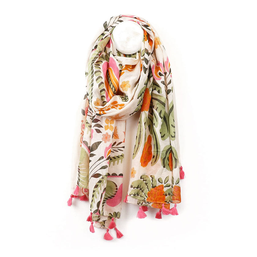 Pom Ecru Green Orange Organic Cotton Folksy Floral Scarf