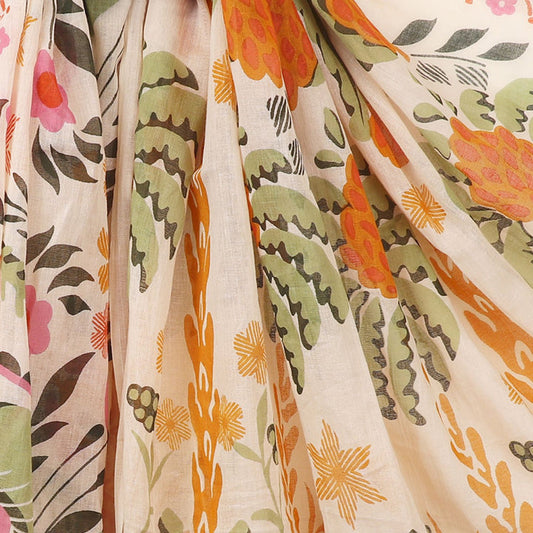 Pom Ecru Green Orange Organic Cotton Folksy Floral Scarf