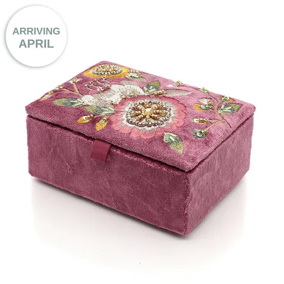Pom Blush Pink Velvet Small Jewellery Box With Vintage Style Embroidery