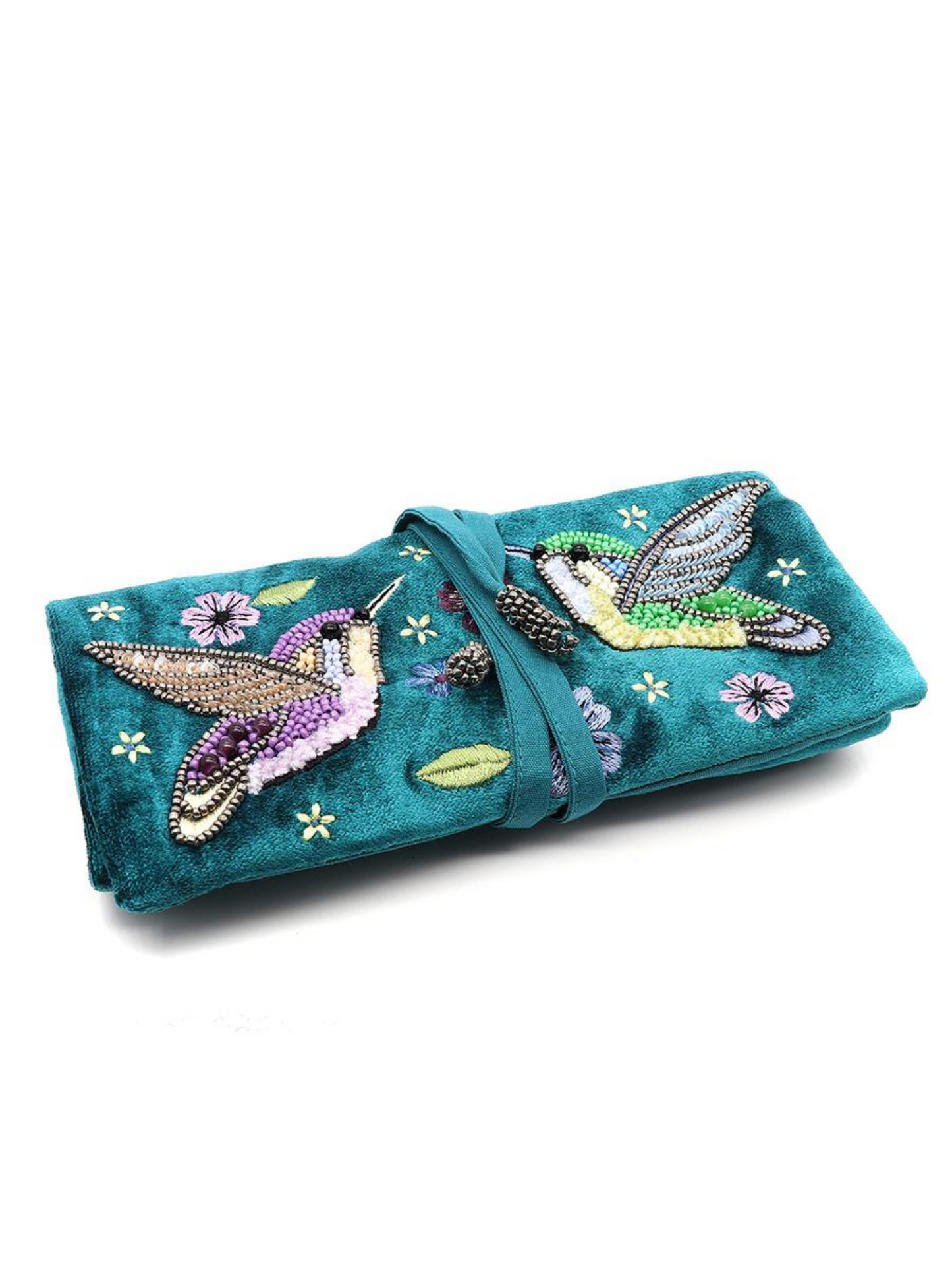 Pom Teal Velvet Jewellery Roll With Hummingbird Embroidery