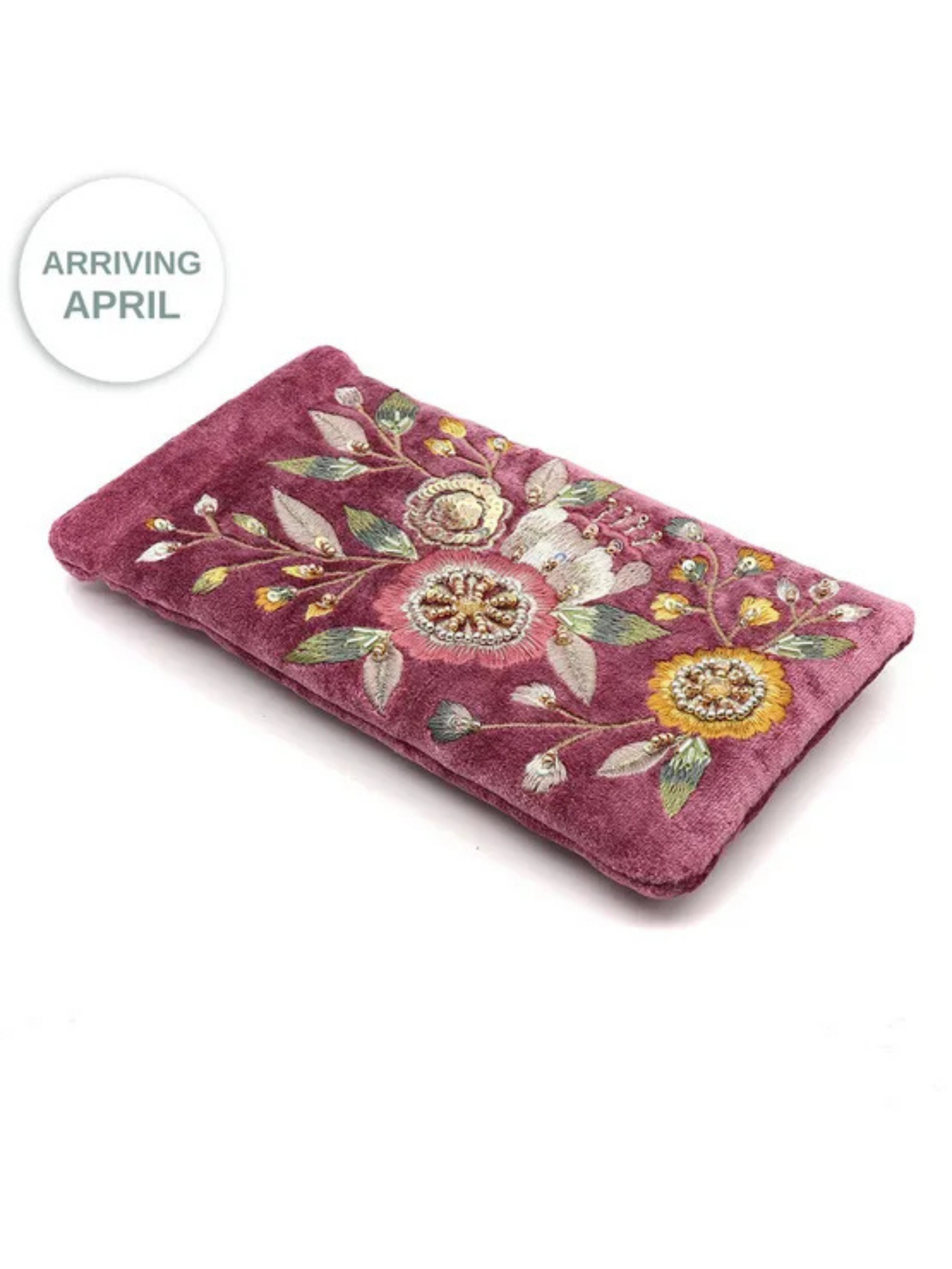 Pom Blush Pink Velvet Glasses case with Vintage Style Floral Embroidery