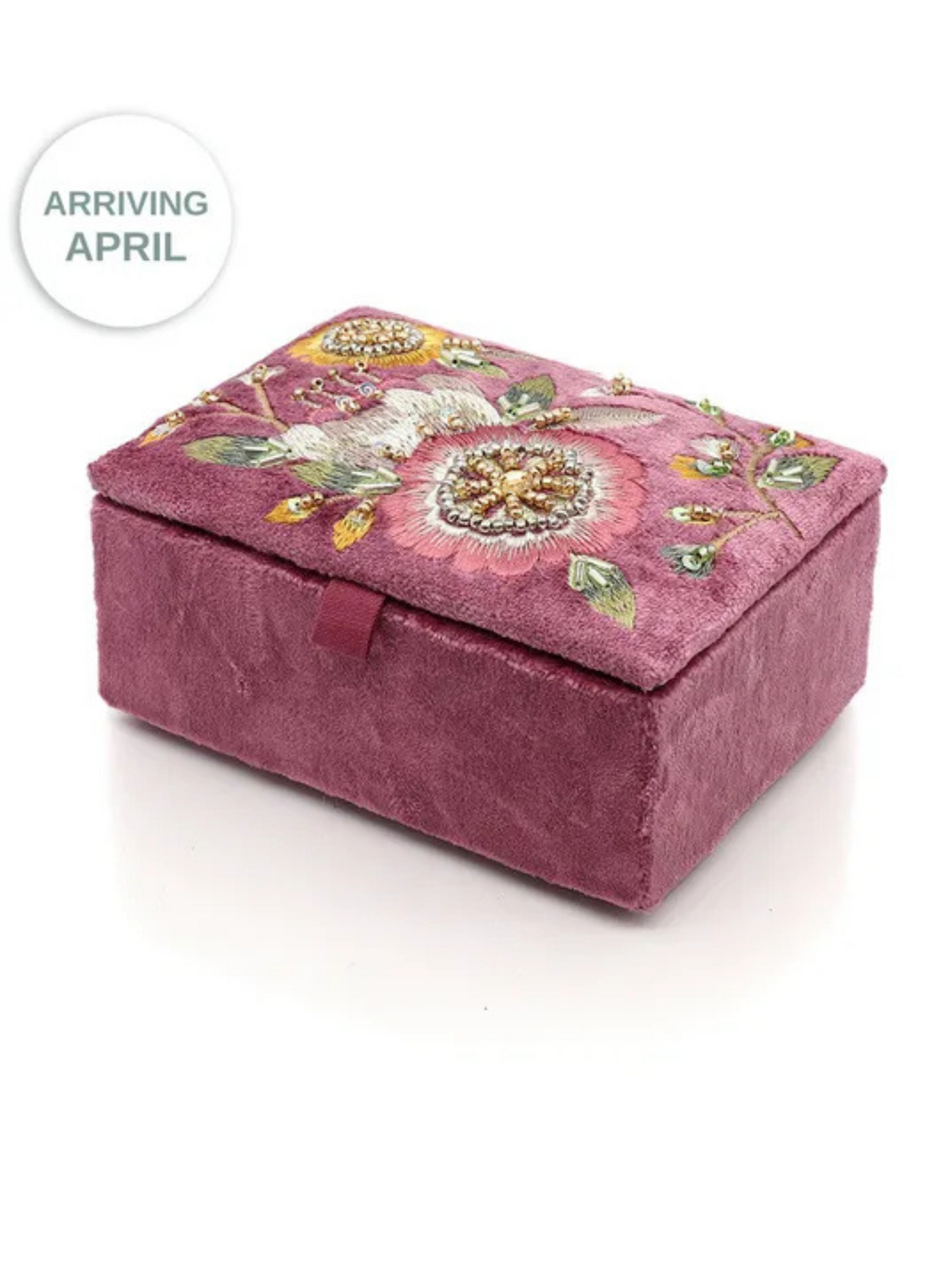 Pom Blush Pink Velvet Small Jewellery Box With Vintage Style Embroidery