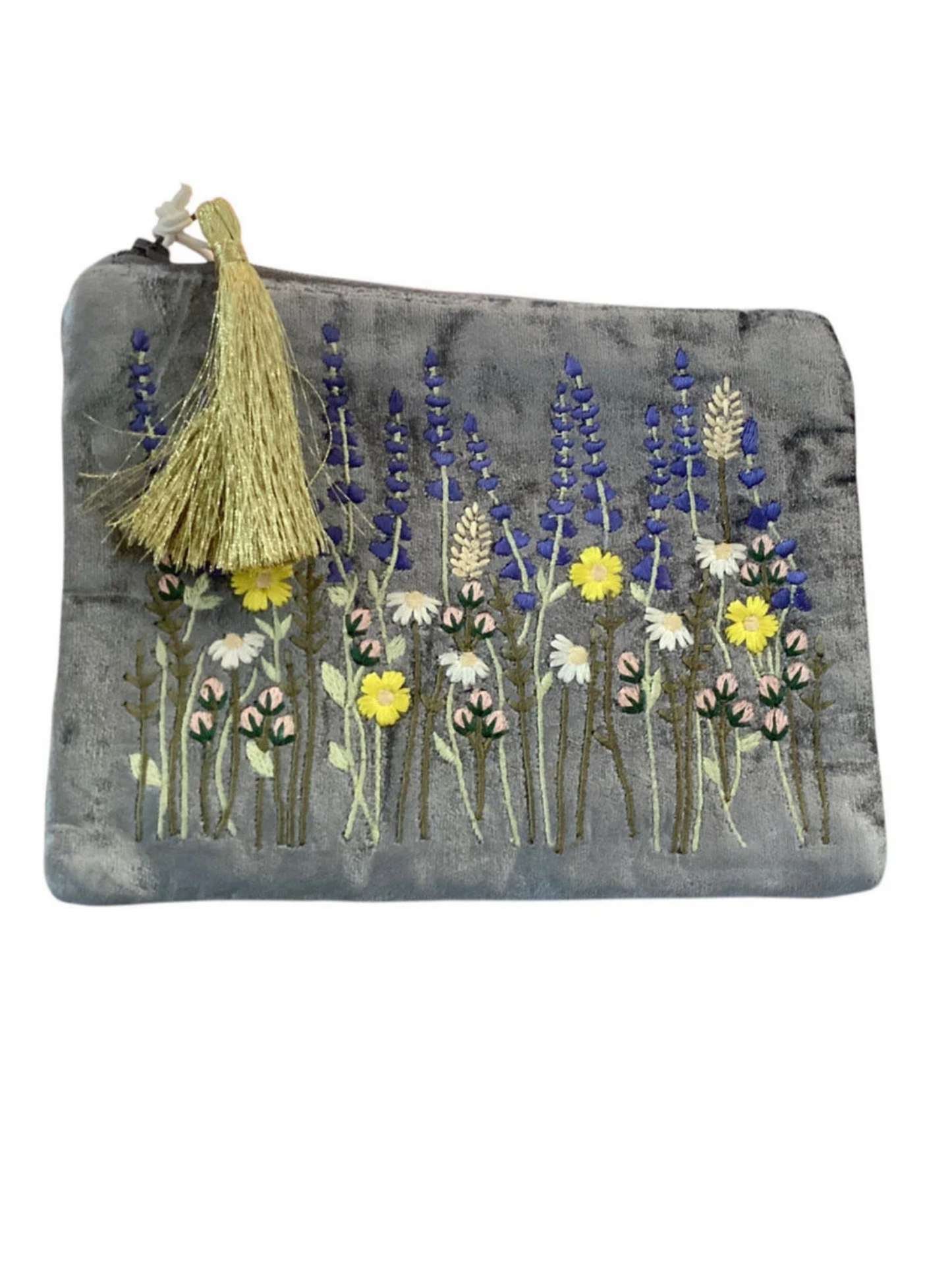 POM Dusky Grey Embroidered Lavender Zip Cosmetic Purse