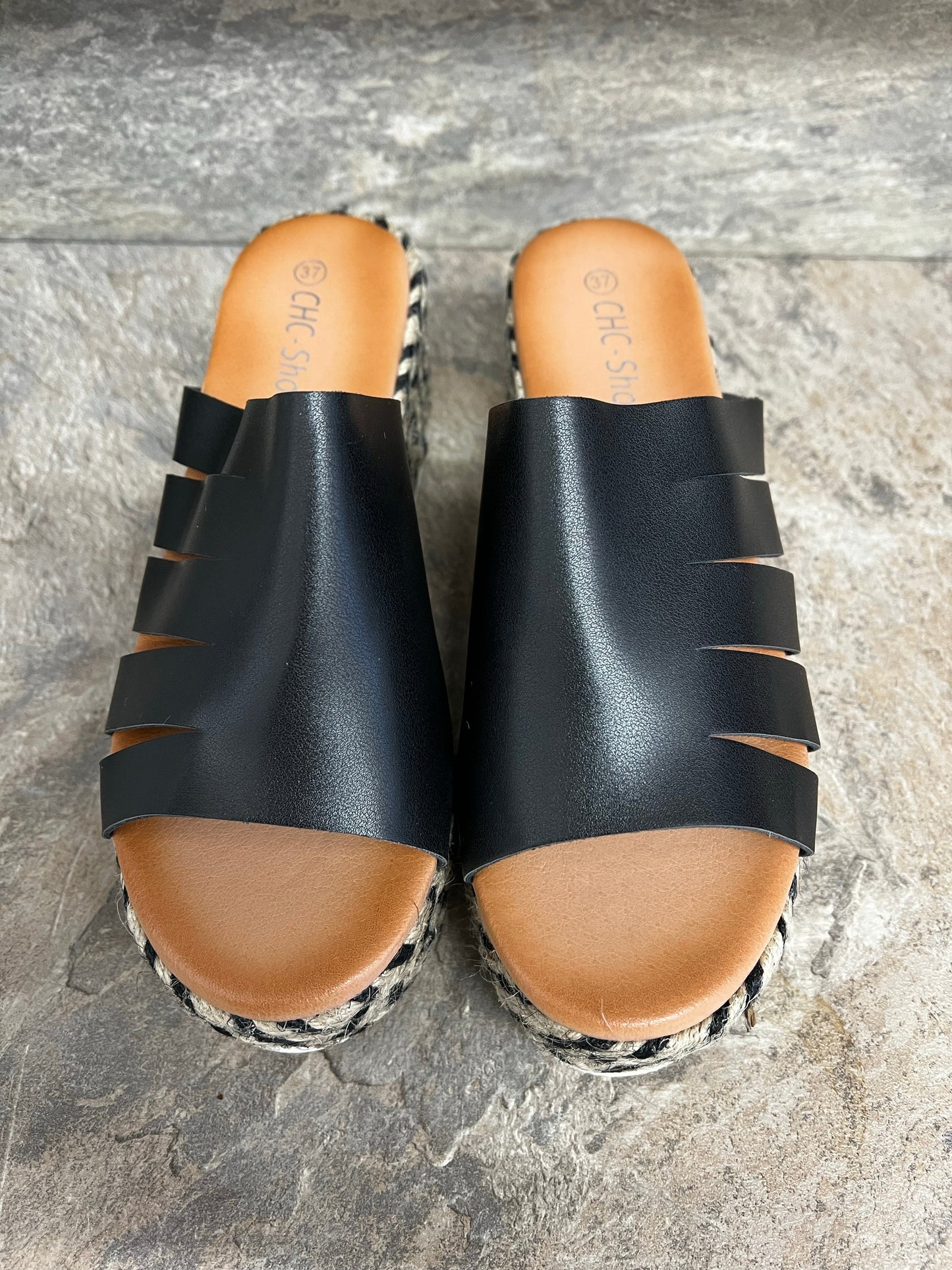 Black mule with hessian wedge sizes 3-8