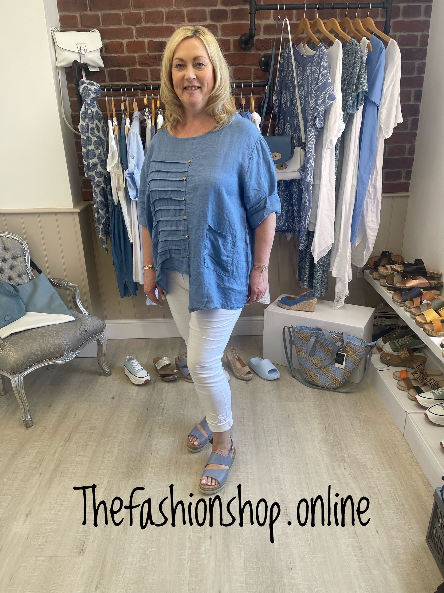 Denim blue linen tuck and button detail top 12-20