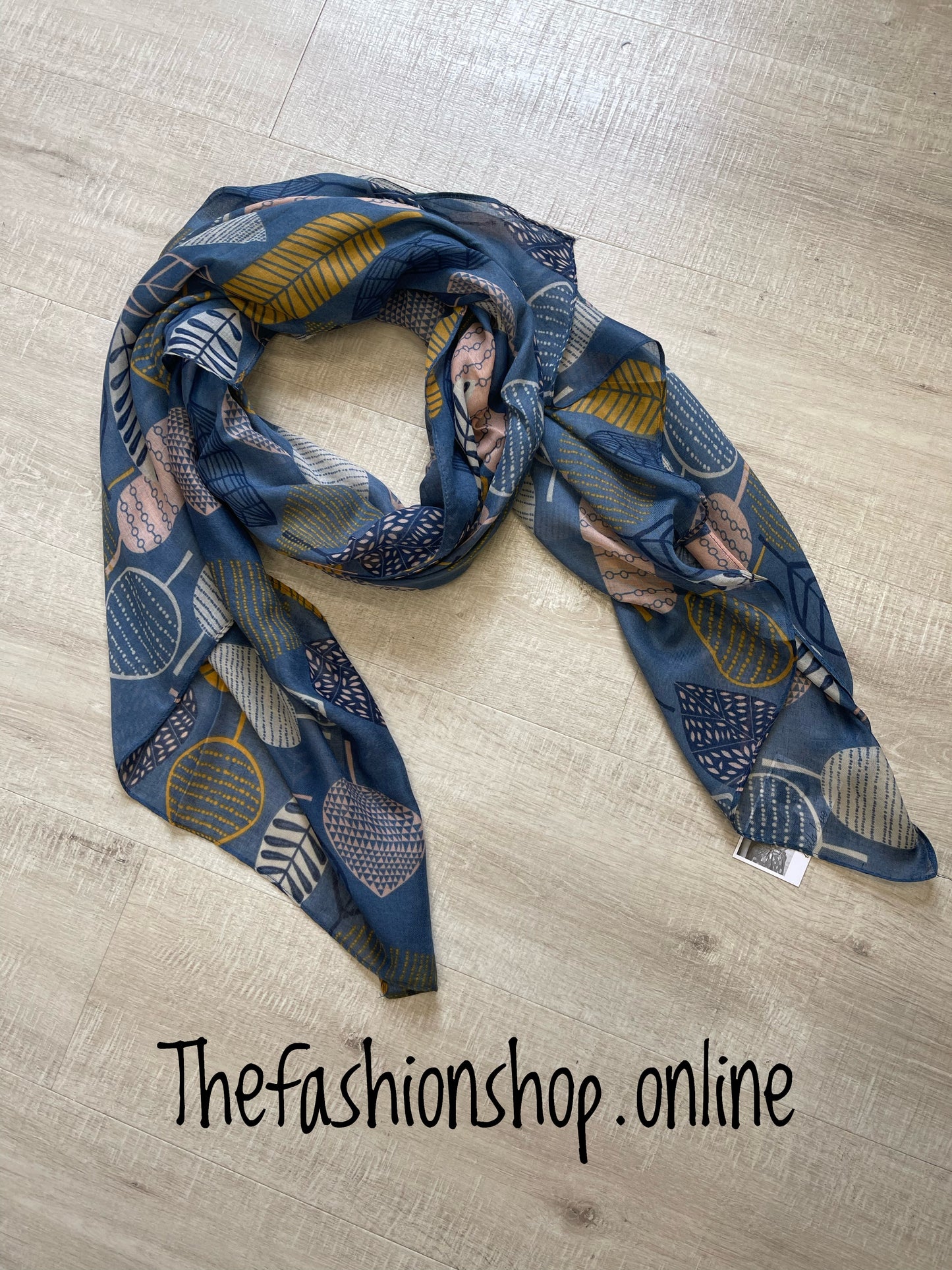 Denim blue and pink leaves scarf