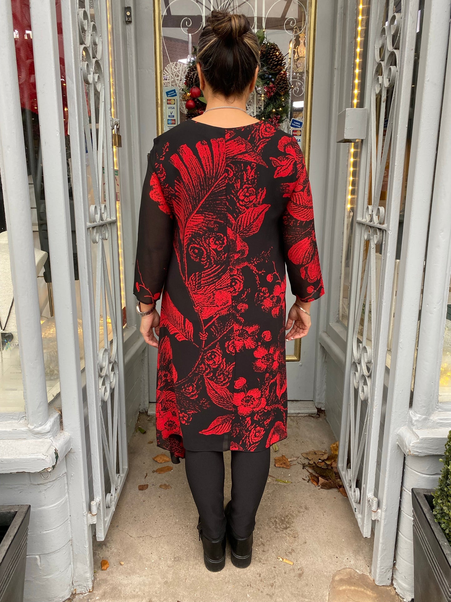 Saloos black red flowers tunic dress sizes 12-22