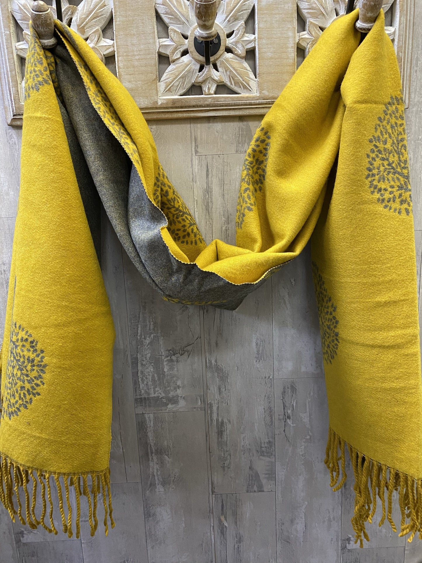 Mustard and grey tree of life cashmere scarf