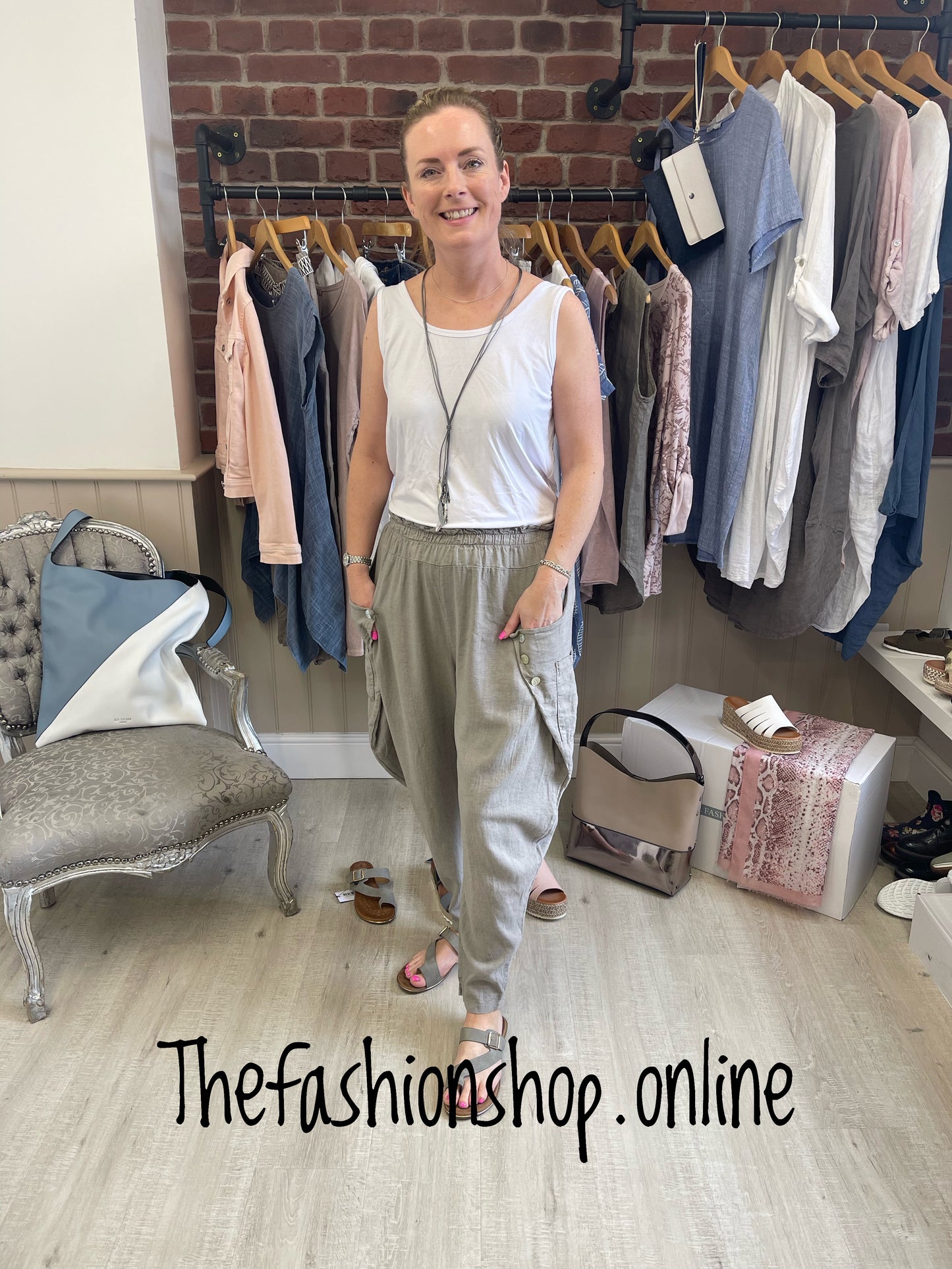 Mocha button pocket linen trouser 10-16