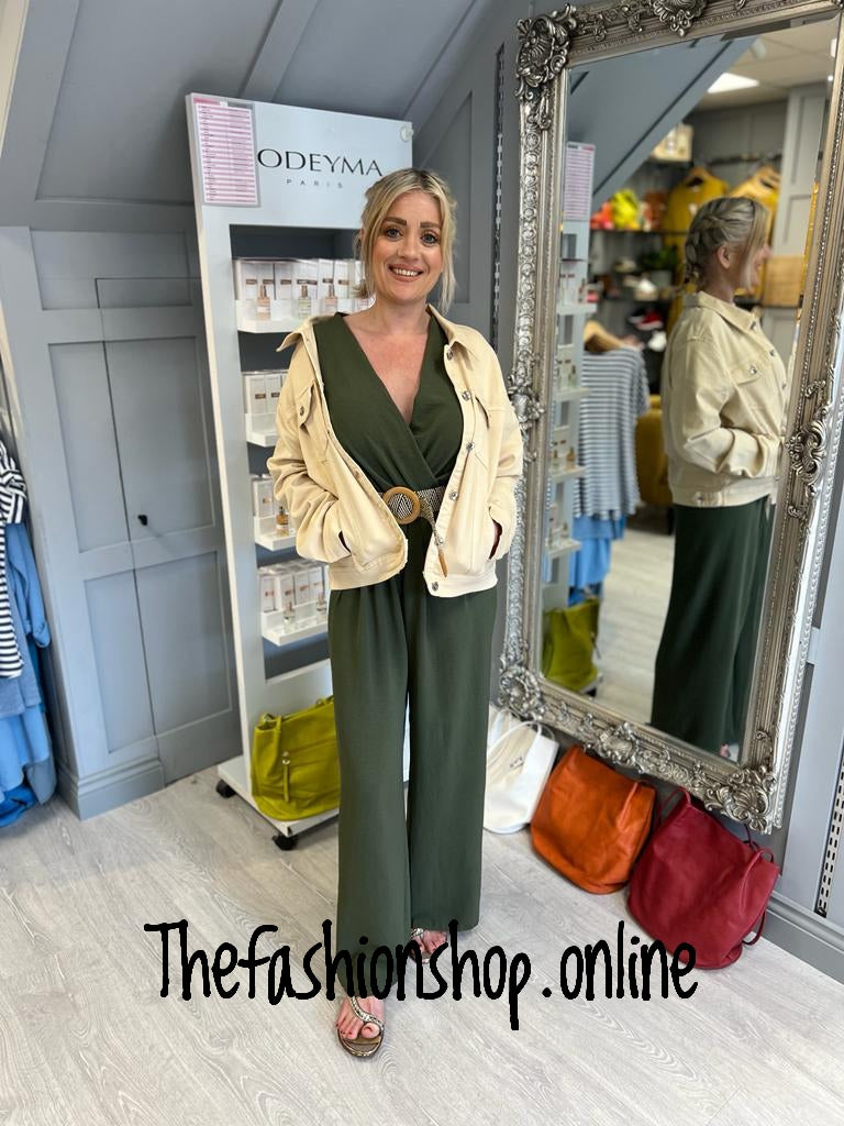 Khaki jumpsuit with statement belt 8-14