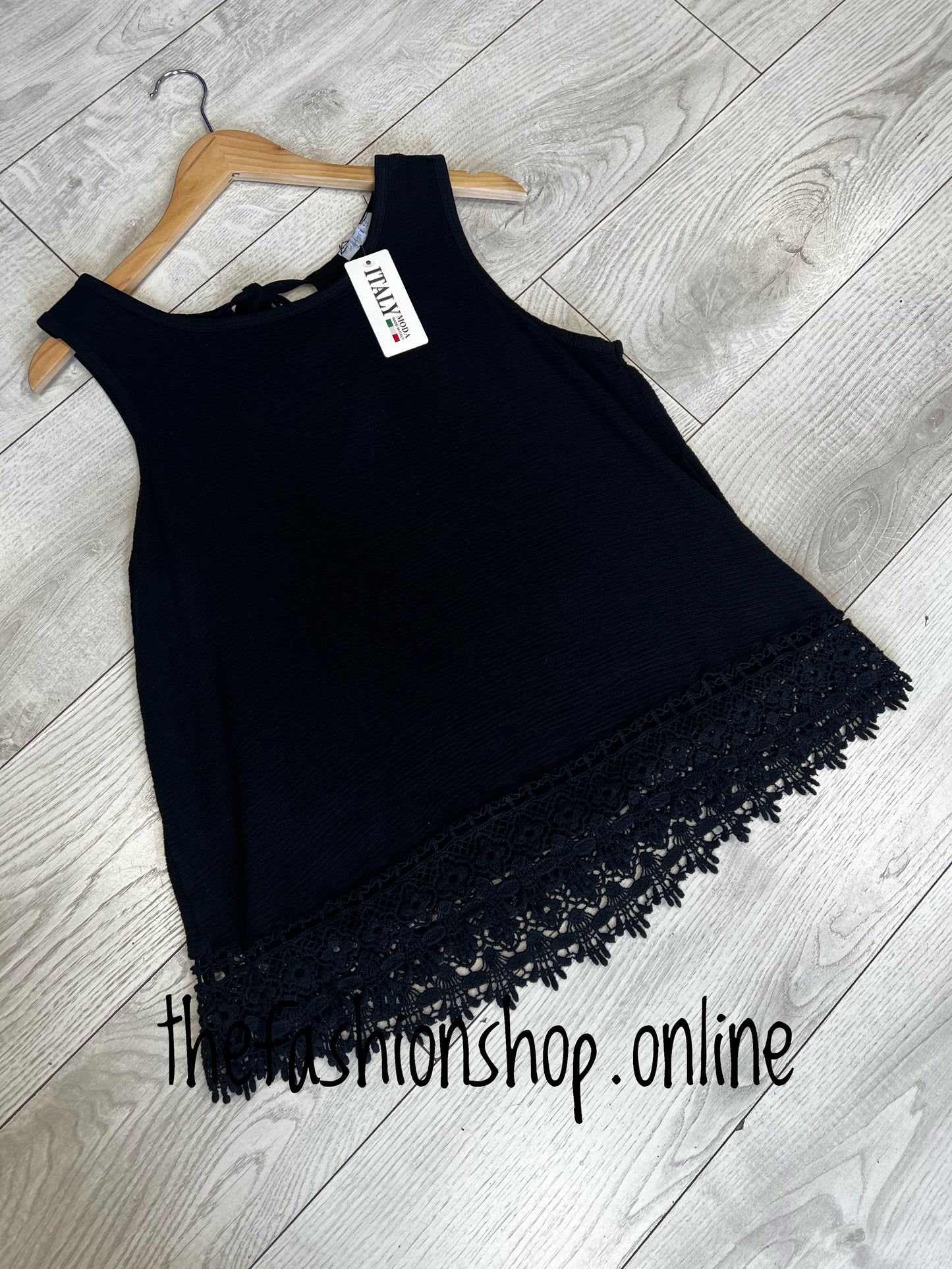 Black heavy lace trim vest (reg) 10-16