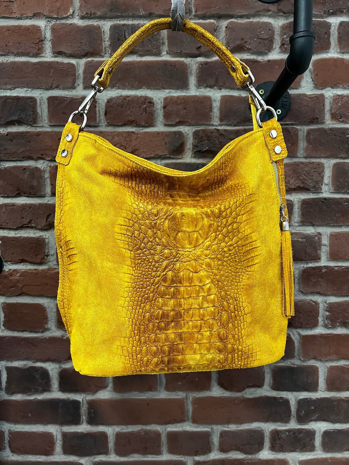 Mustard leather suede croc hobo bag