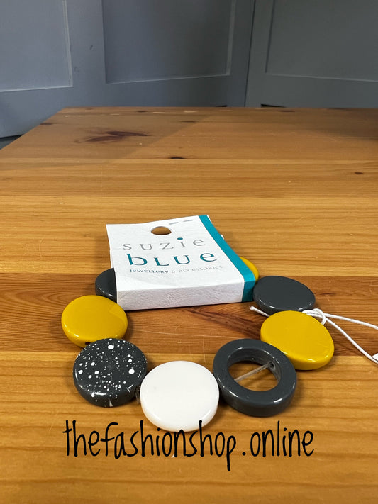 Suzie Blue elasticated resin disc & ring bracelet mustard and grey