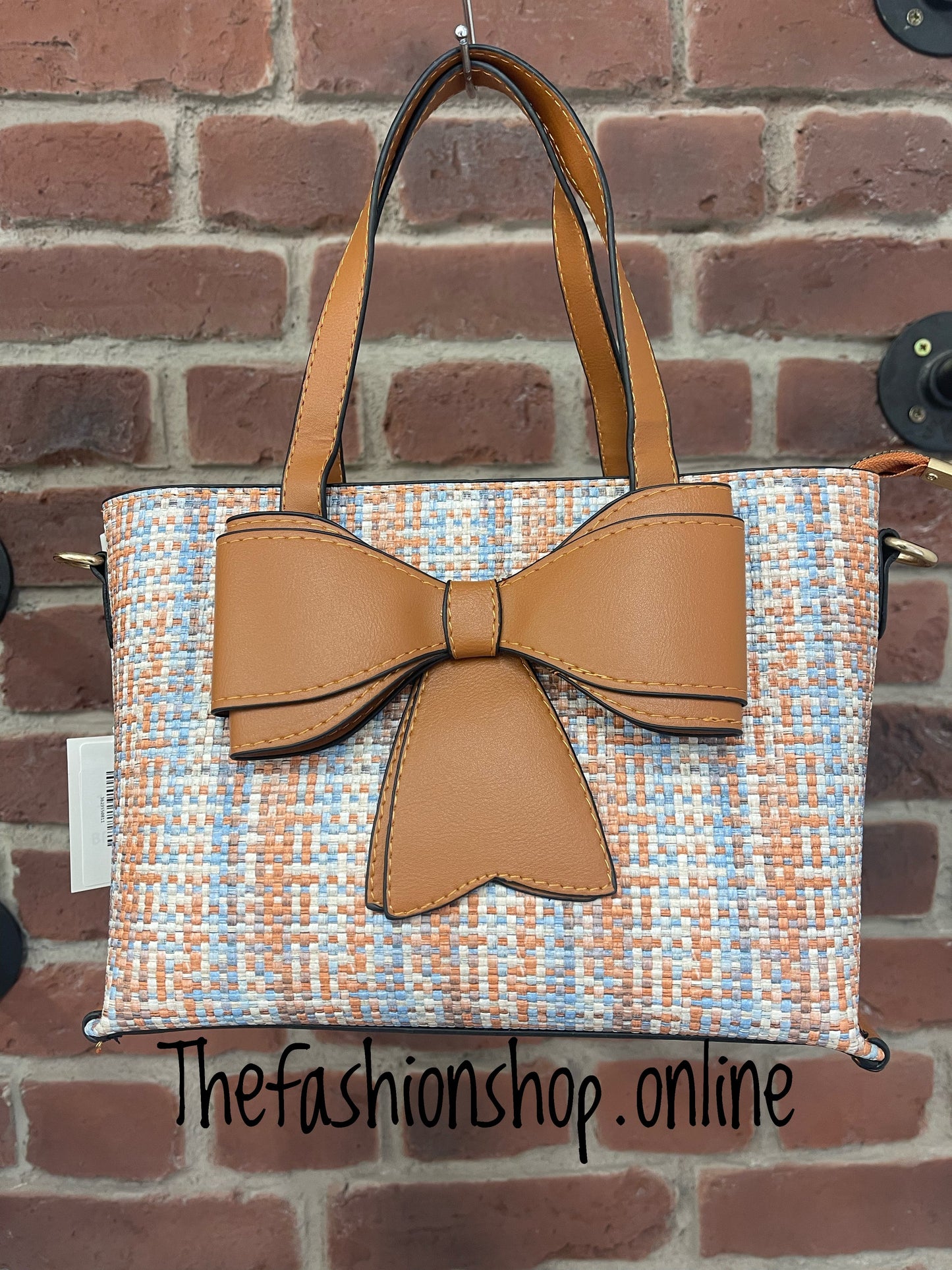 Tweed effect tan bow bag