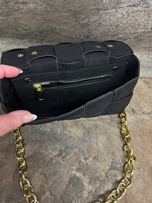 Black faux suede woven bag
