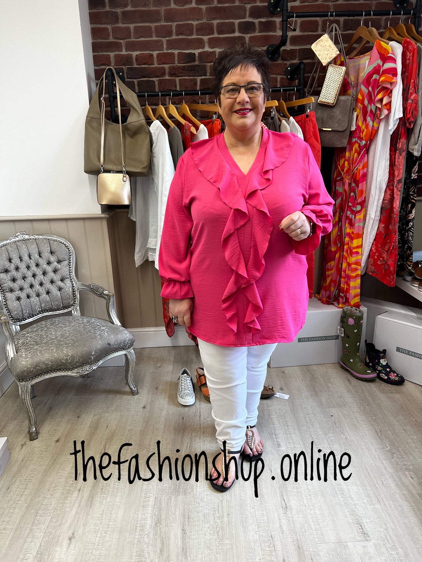Pink frill front blouse 16-22