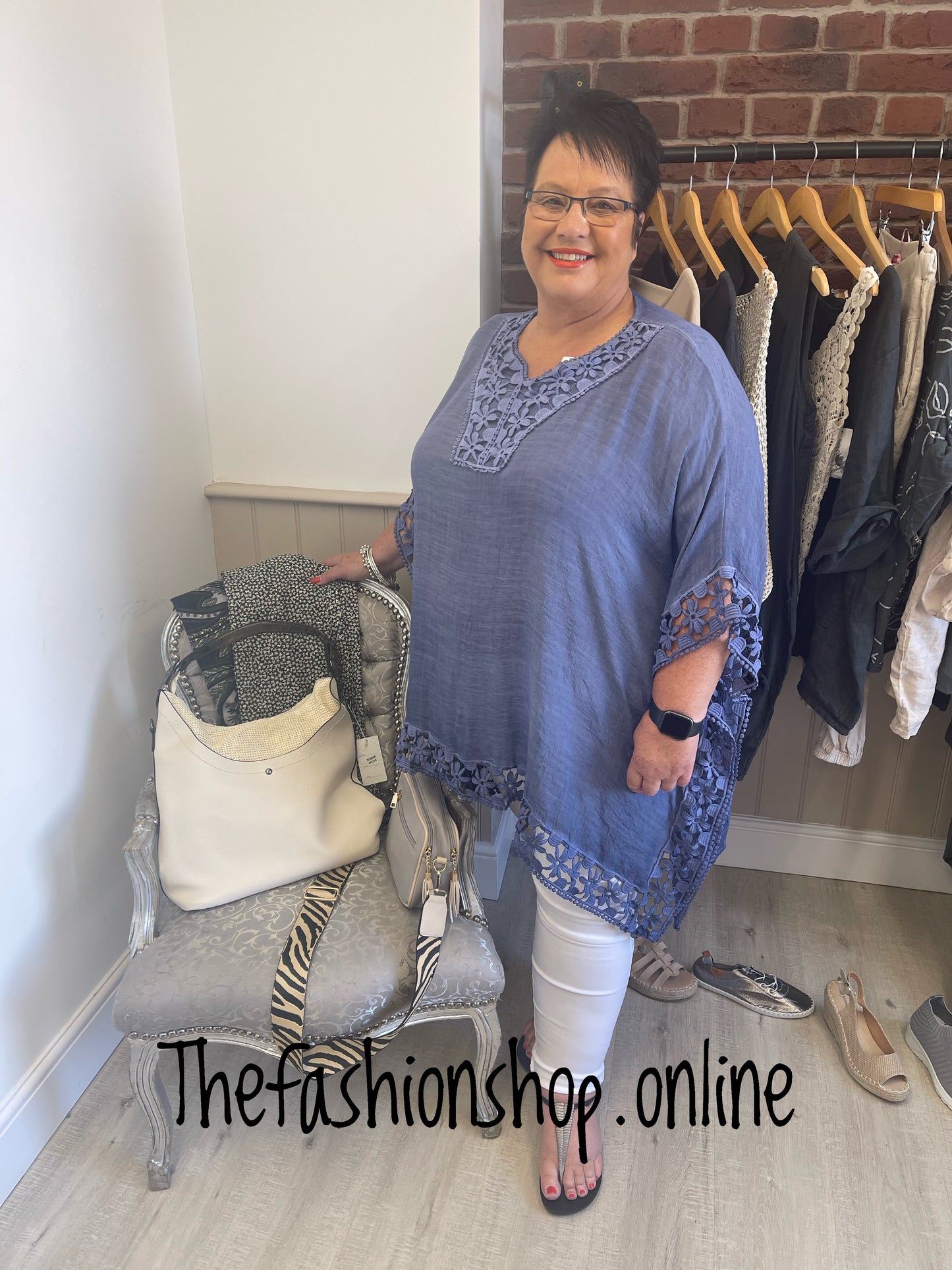 Denim blue crochet trim kaftan - free size up to 26