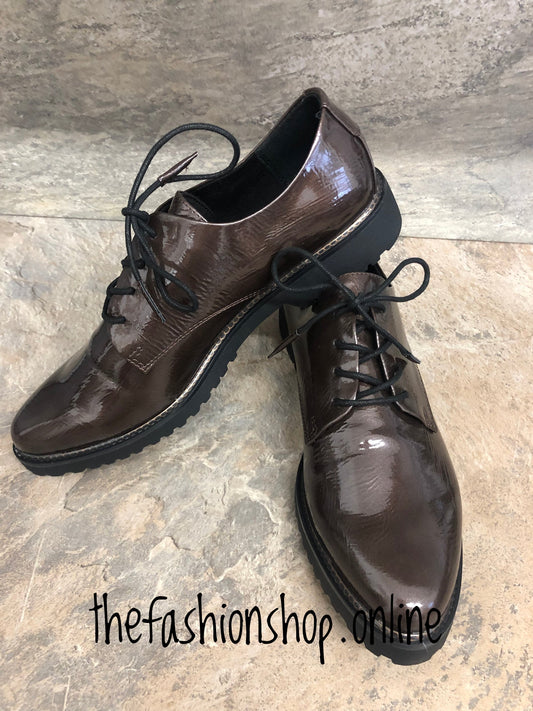 Marco Tozzi pepper brown patent lace up shoe sizes 4-9