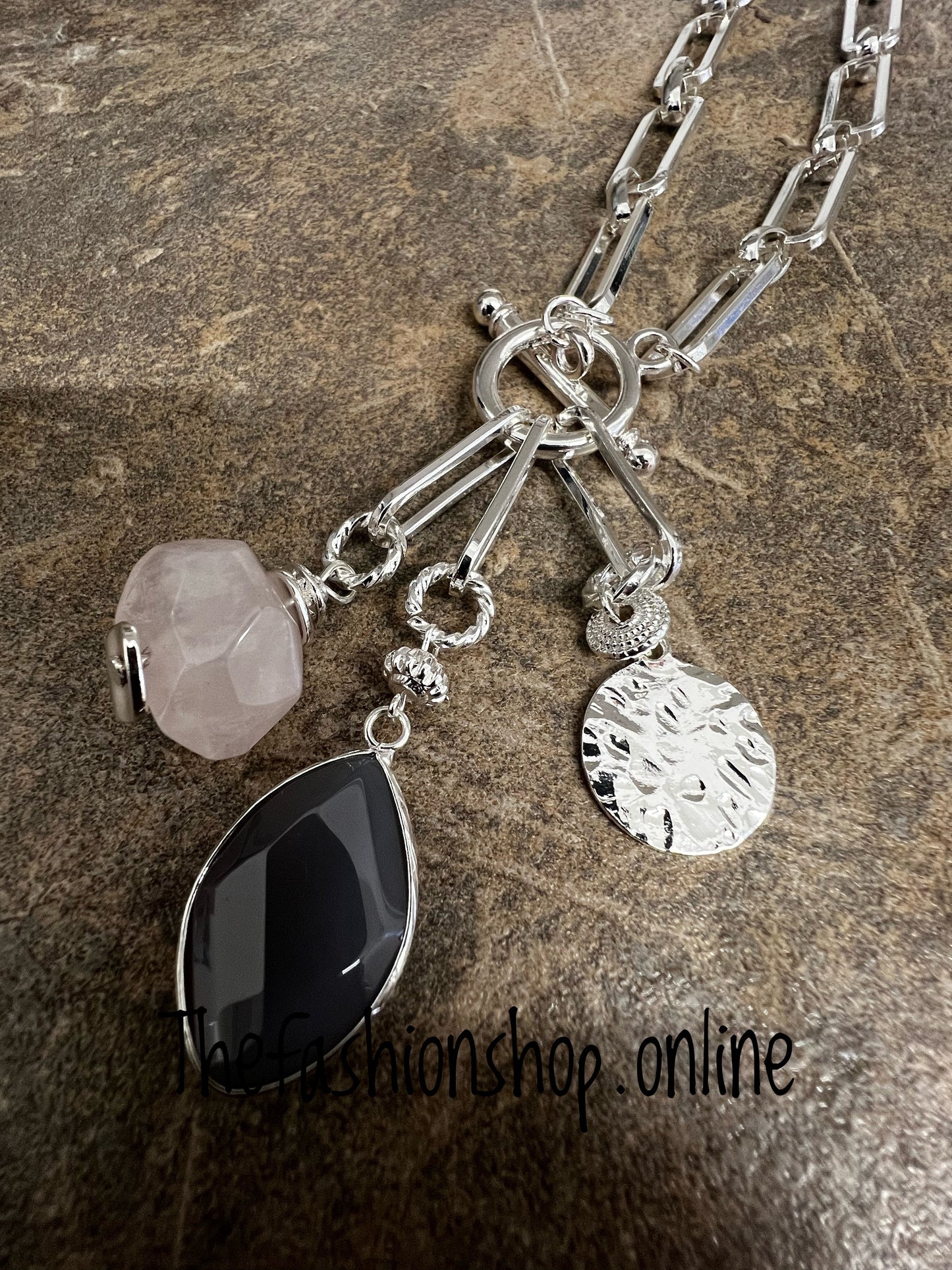 Envy long silver link necklace with semi precious stones
