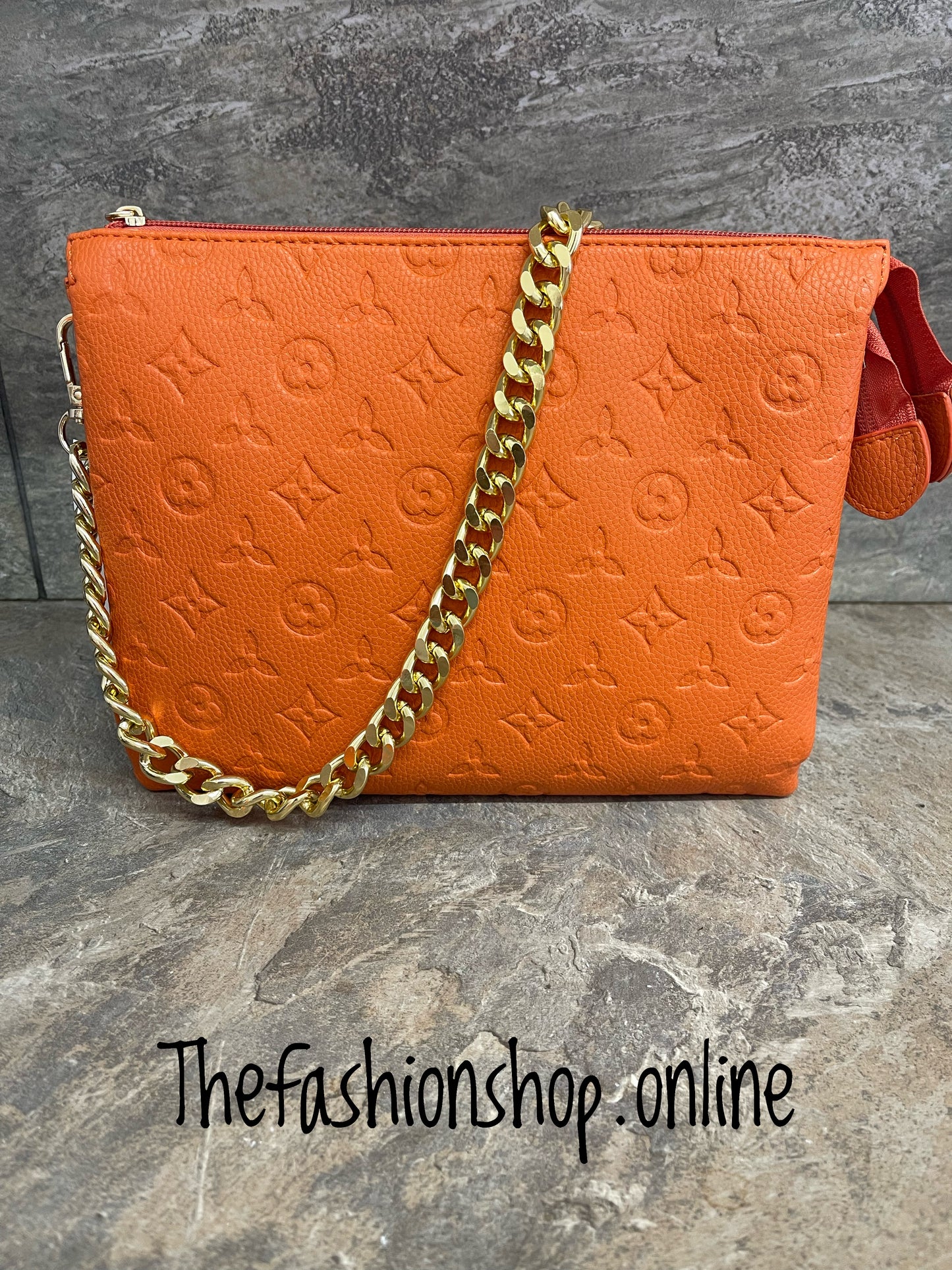 Orange designer inspired triple compartment bag