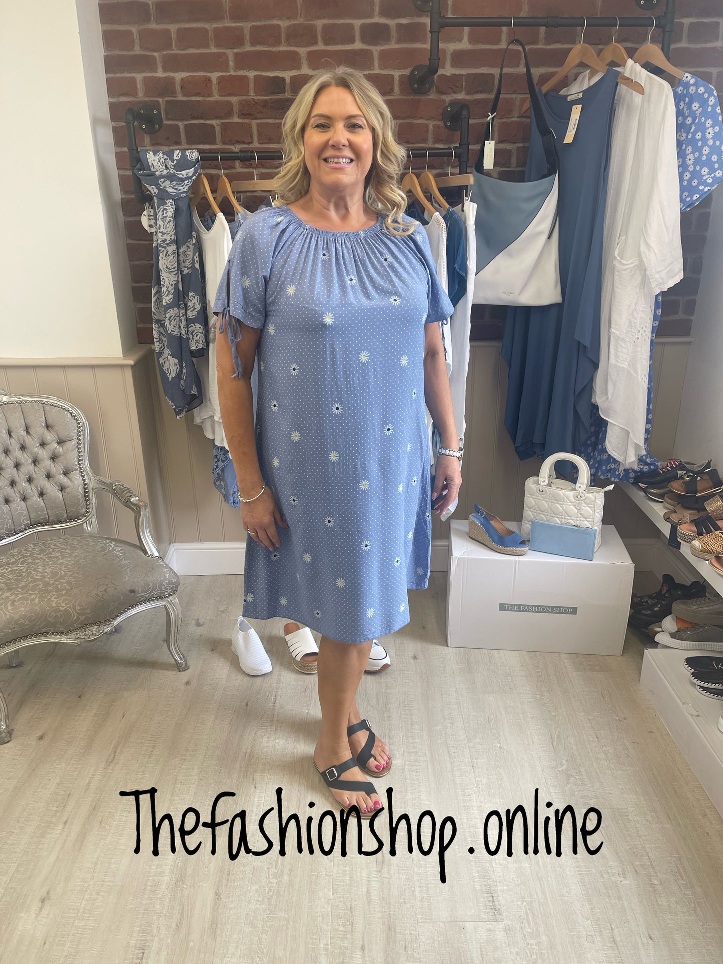 Denim blue flowers bardot midi dress 10-18