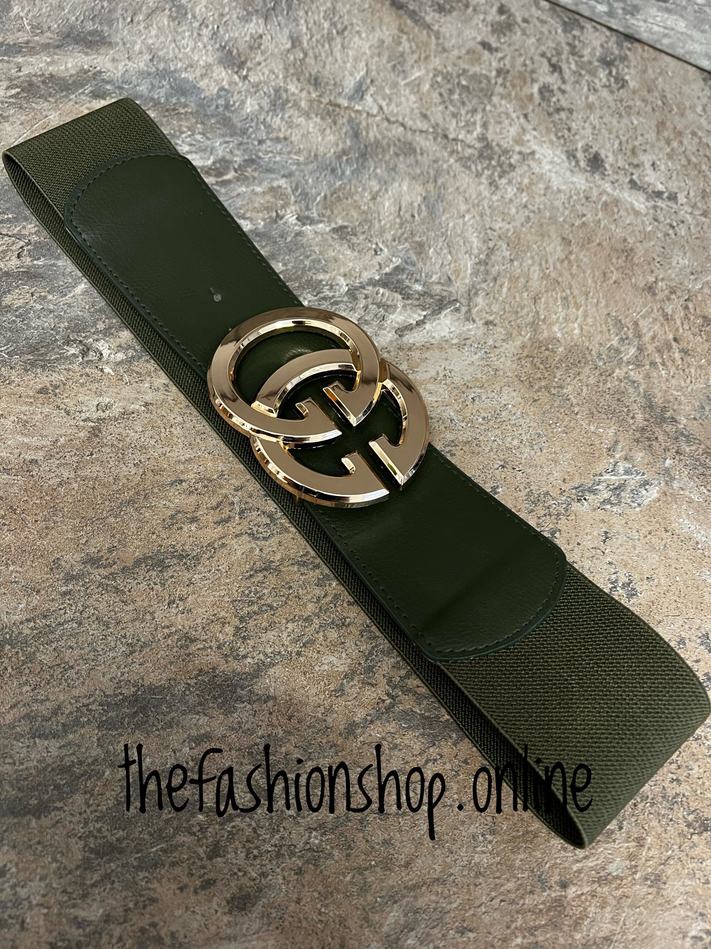 Khaki elasticated belt with gold logo buckle