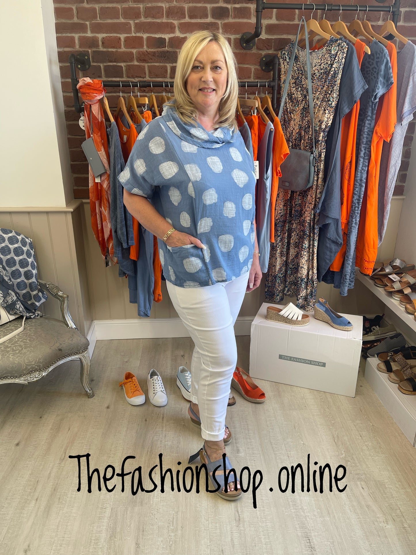 Denim blue and white cowl neck pocket top 12-18