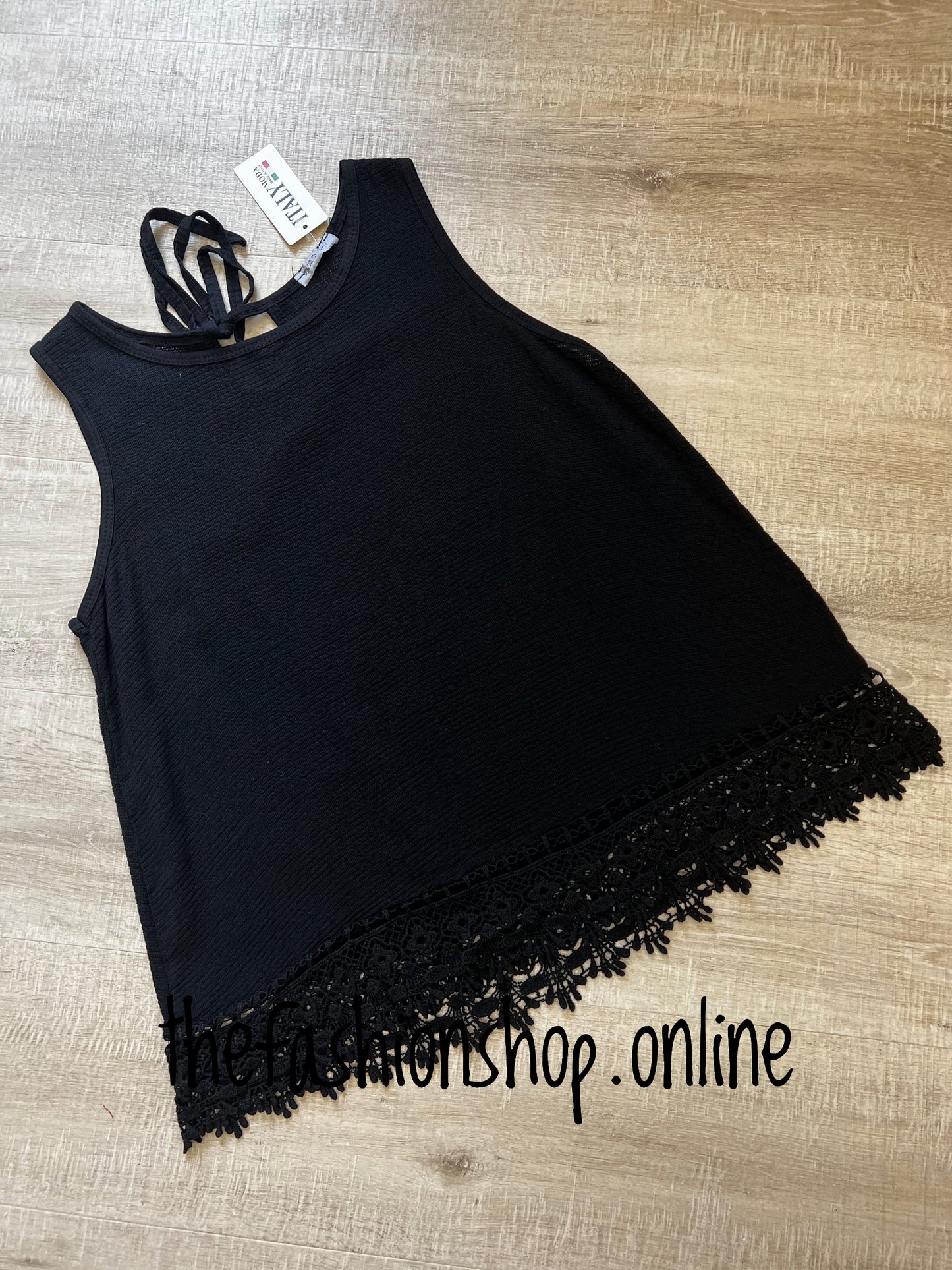 Black heavy lace trim vest (reg) 10-16