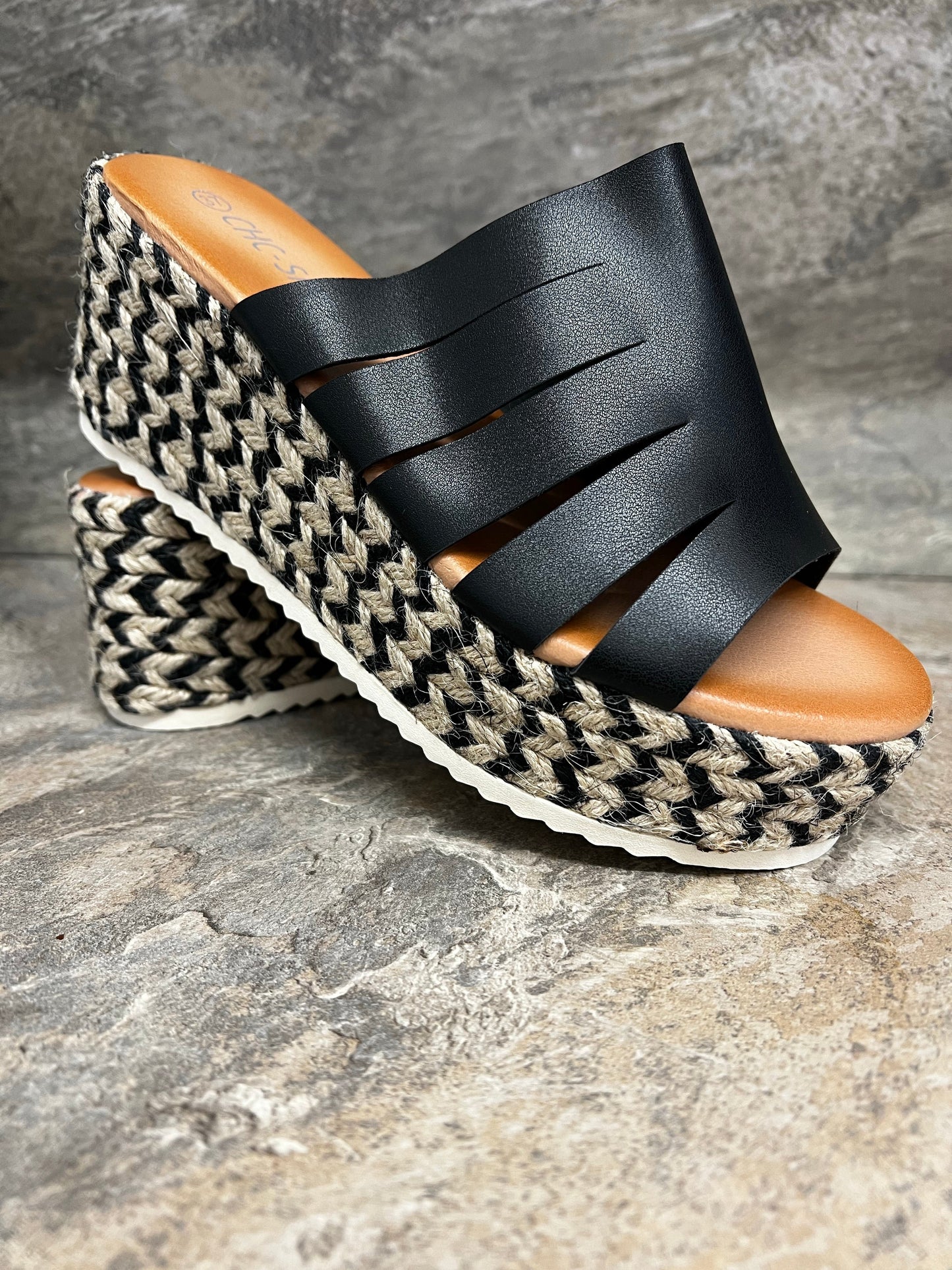 Black mule with hessian wedge sizes 3-8