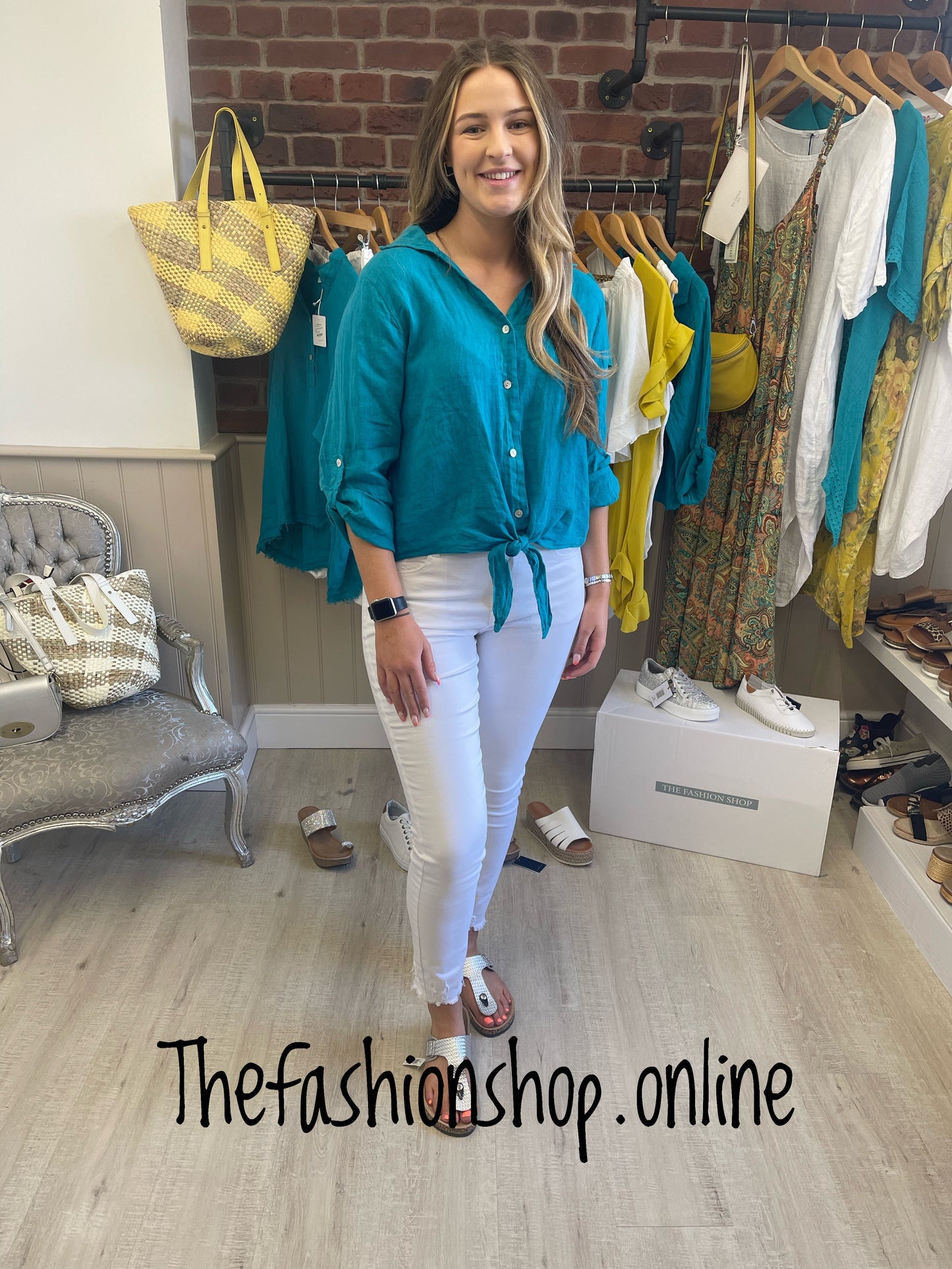Teal linen tie front shirt 8-12