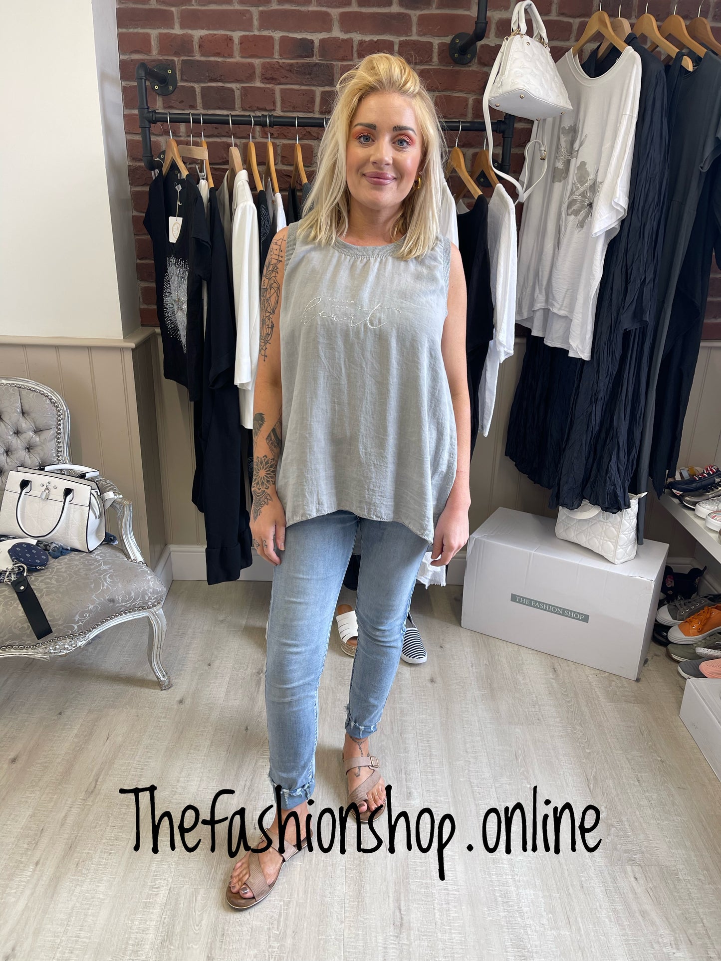 Grey linen mix high low sleeveless top 8-14