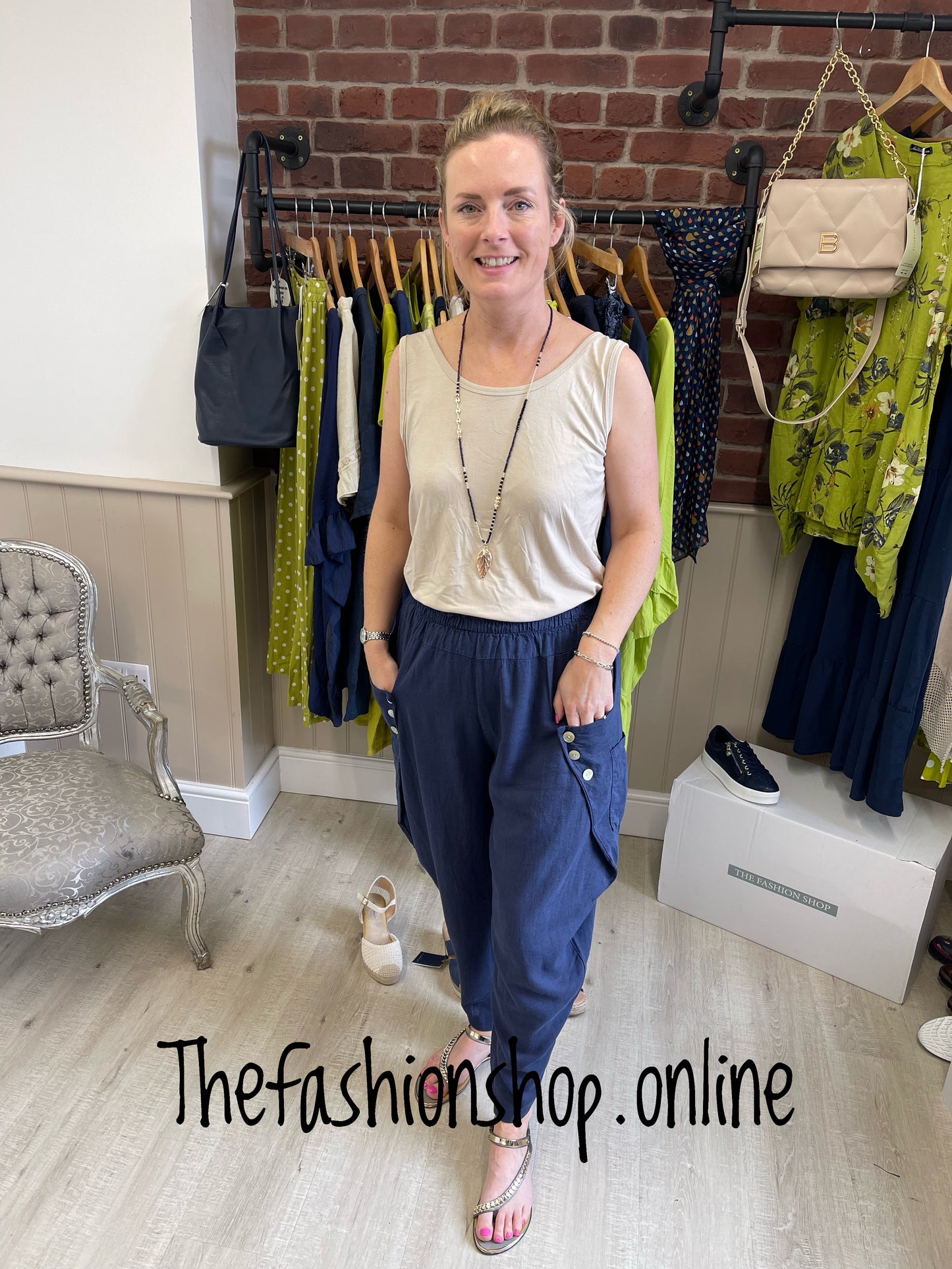 Navy blue button pocket linen trouser 10-16