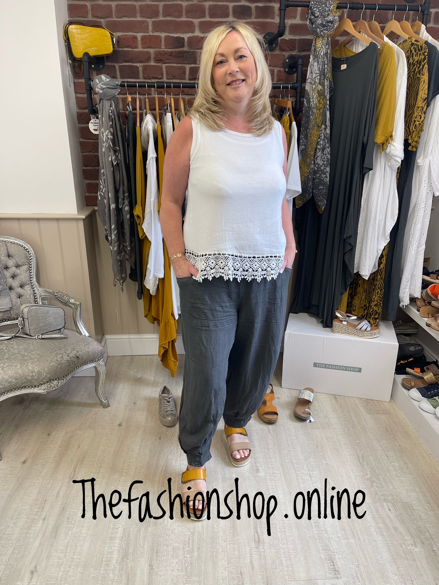 Charcoal linen trousers with funky belt 10-16