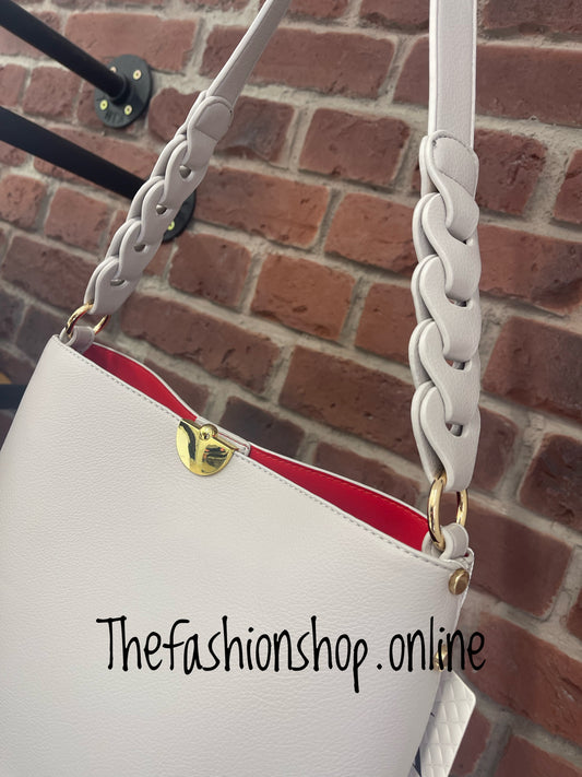 Grey bag in bag with woven strap