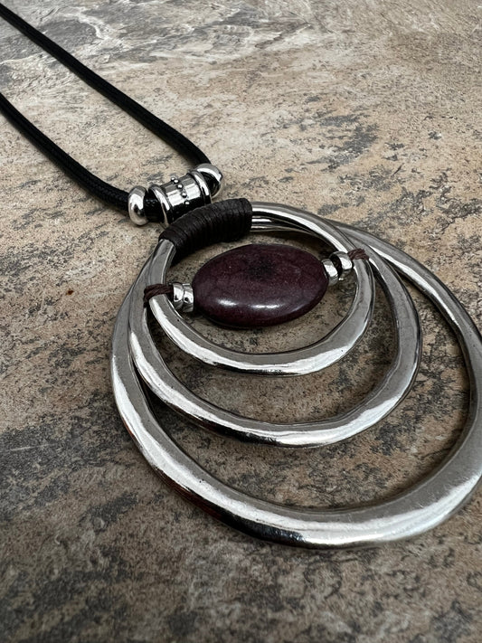 Silver with brown bead circles necklace