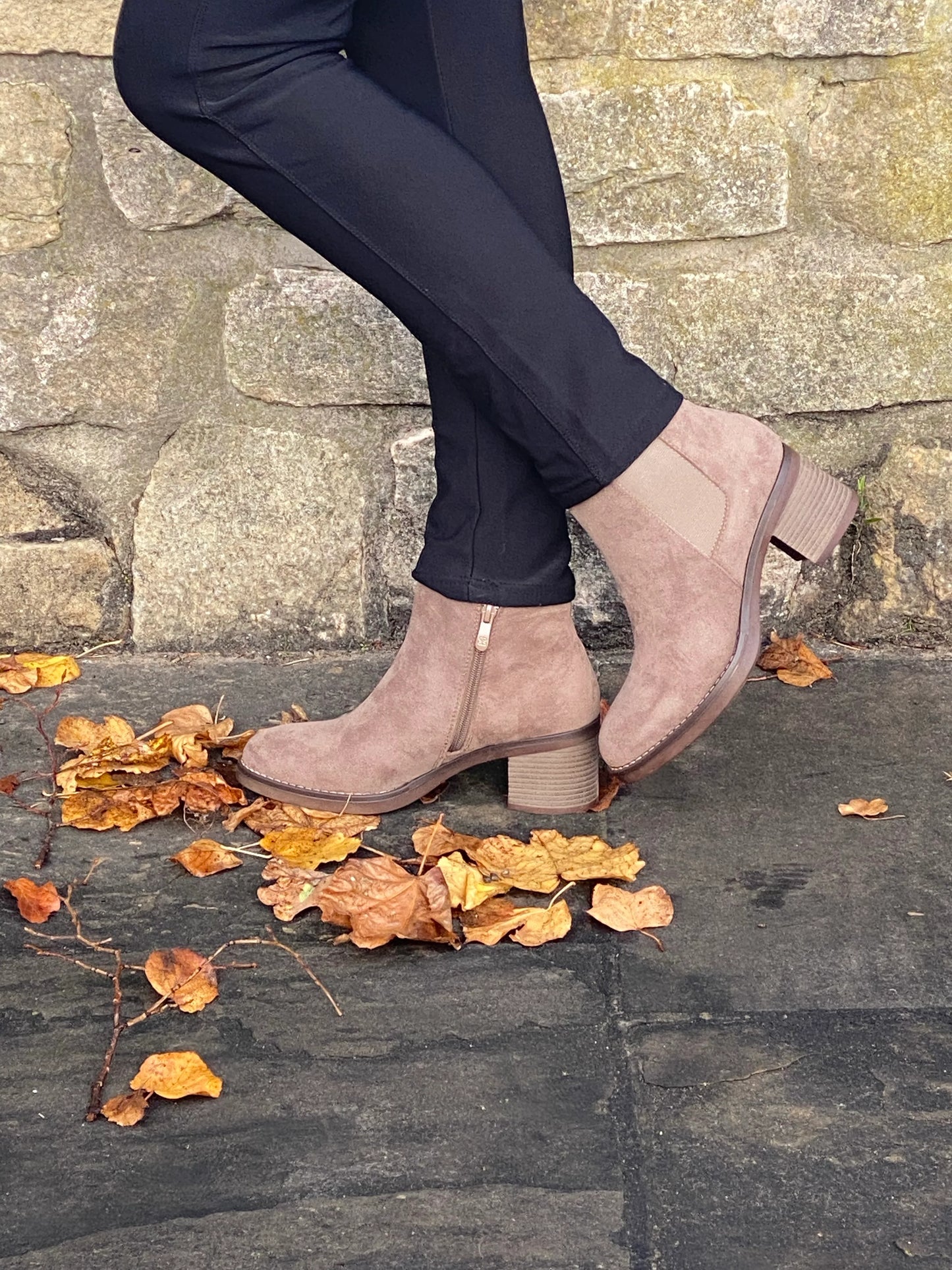 Mocha mock suede chunky heel ankle boot. 3-8