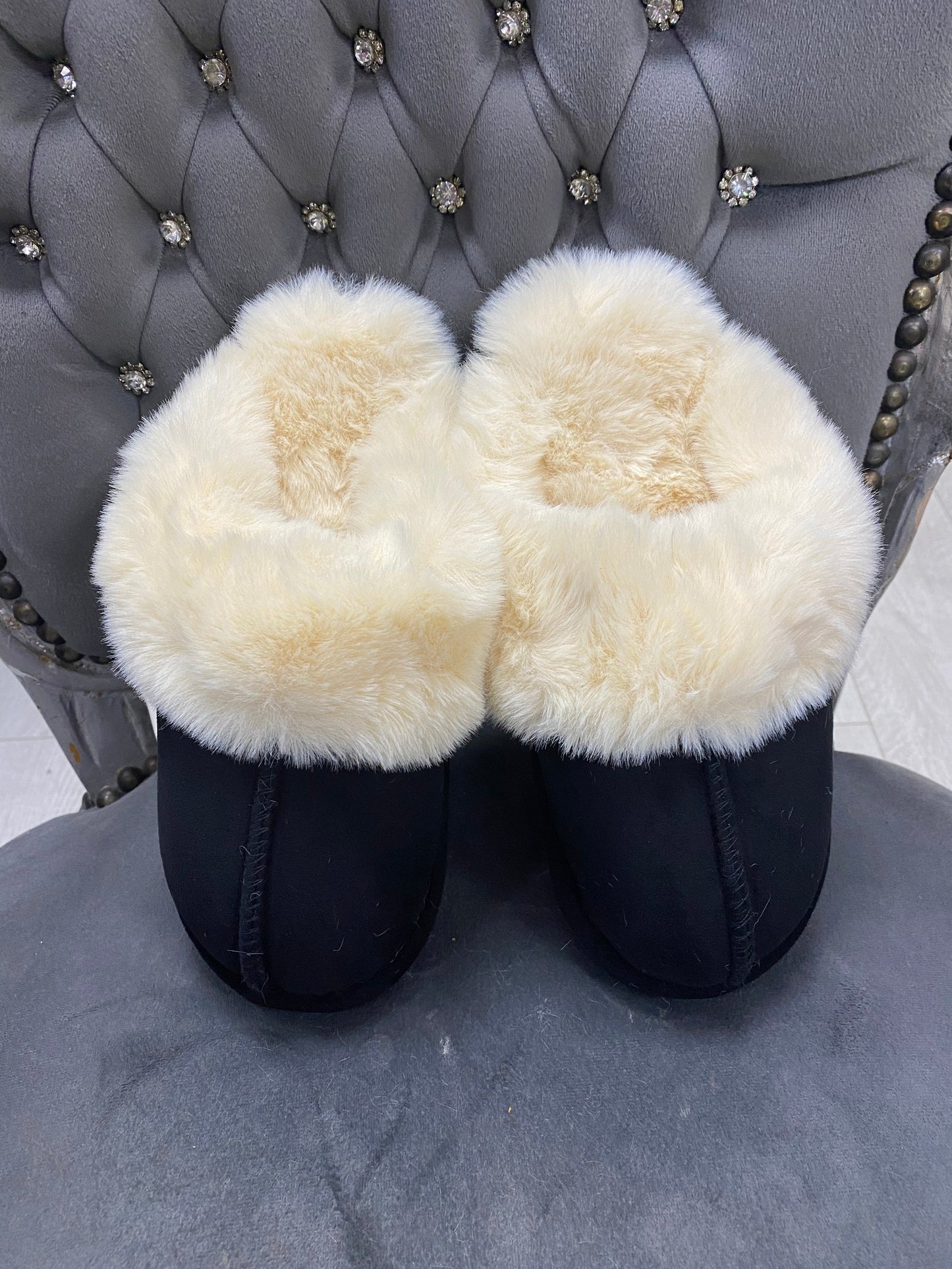 Black faux suede faux fur slippers