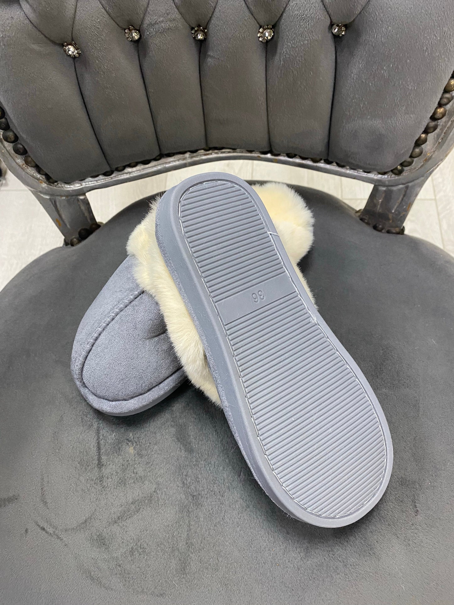Grey faux suede faux fur slippers 3-8