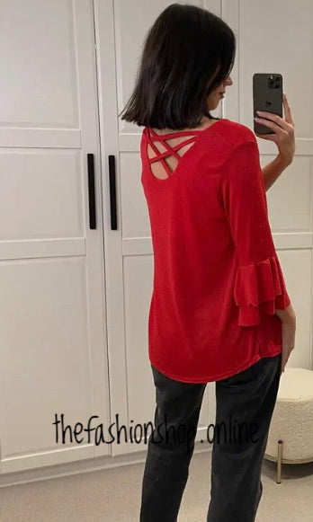 Red lattice back shimmer top 10-16
